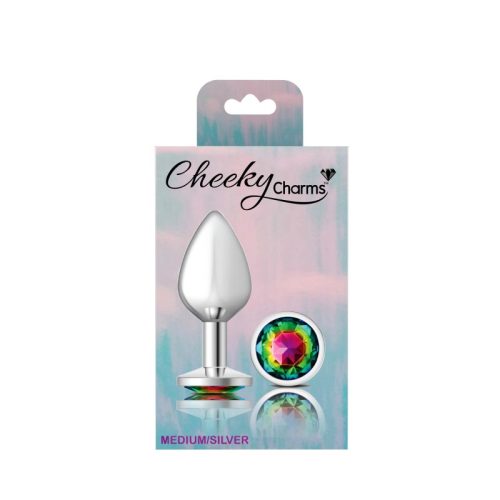 Cheeky Charms Silver Round Butt Plug w Rainbow Jewel Medium - Image 5