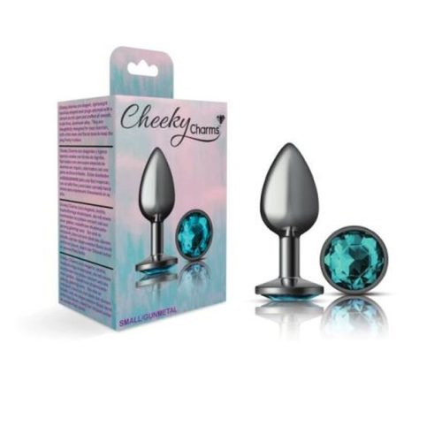 Cheeky Charms Gunmetal Round Butt Plug w Teal Jewel Small - Image 4