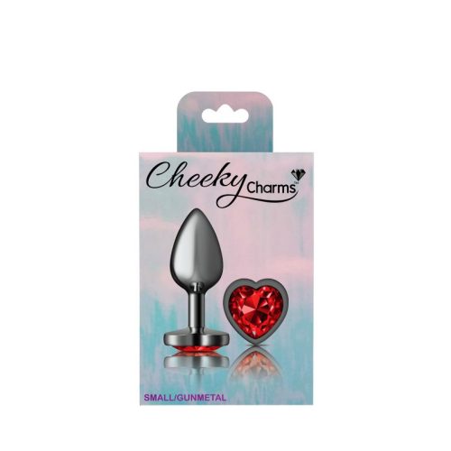 Cheeky Charms Gunmetal Butt Plug w Heart Red Jewel Small - Image 5