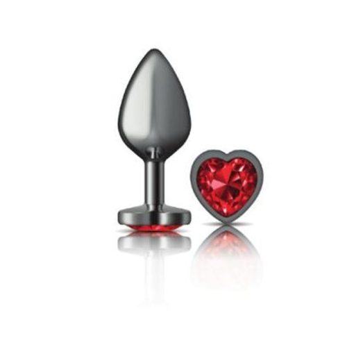 Cheeky Charms Gunmetal Butt Plug w Heart Red Jewel Medium - Image 3