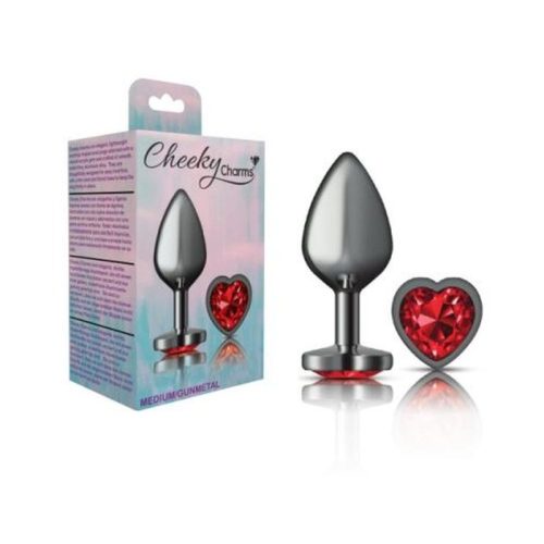 Cheeky Charms Gunmetal Butt Plug w Heart Red Jewel Medium - Image 4