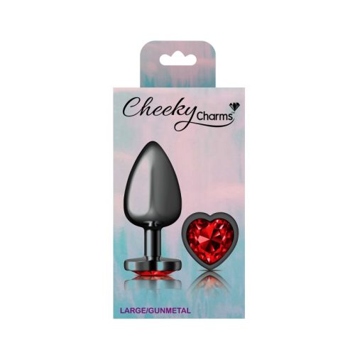 Cheeky Charms Gunmetal Butt Plug w Heart Red Jewel Large - Image 5