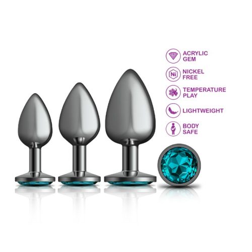 Cheeky Charms Round Metal Butt Plug Gunmetal 3 Pc Kit w Teal Jewel - Image 3