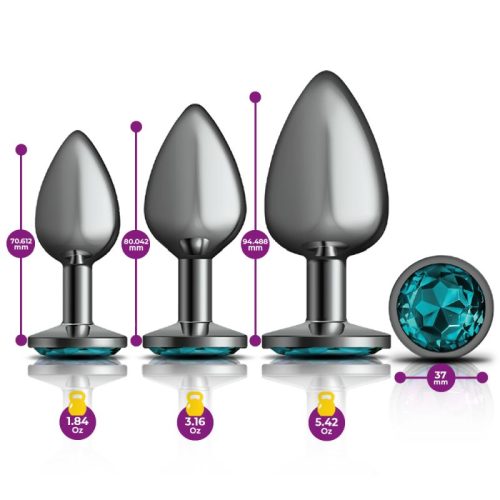 Cheeky Charms Round Metal Butt Plug Gunmetal 3 Pc Kit w Teal Jewel - Image 4