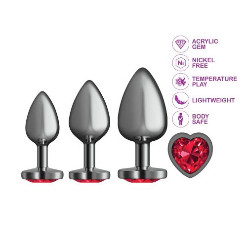 Cheeky Charms Round Metal Butt Plug Gunmetal 3 Pc Kit w Dark Red Heart Jewel - Image 4