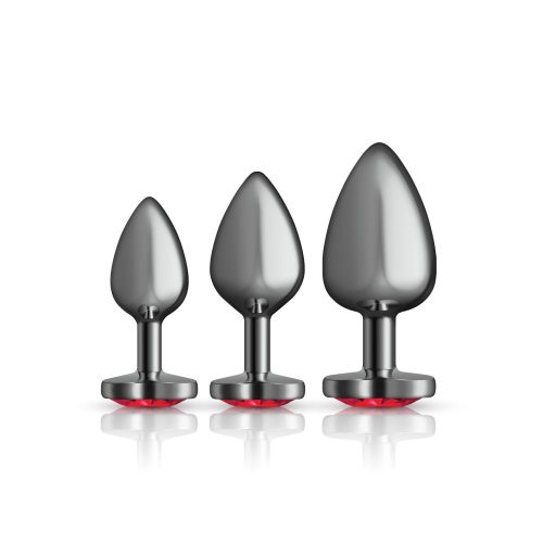 Cheeky Charms Round Metal Butt Plug Gunmetal 3 Pc Kit w Dark Red Heart Jewel - Image 5