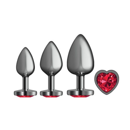 Cheeky Charms Round Metal Butt Plug Gunmetal 3 Pc Kit w Dark Red Heart Jewel - Image 6